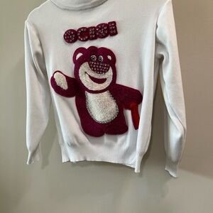 White Sweater with Pink Bear Appliqué